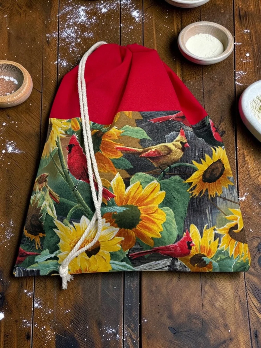 Red Cardinal & Sunflower Cotton Bread Bag, Reusable Sourdough Bread Keeper